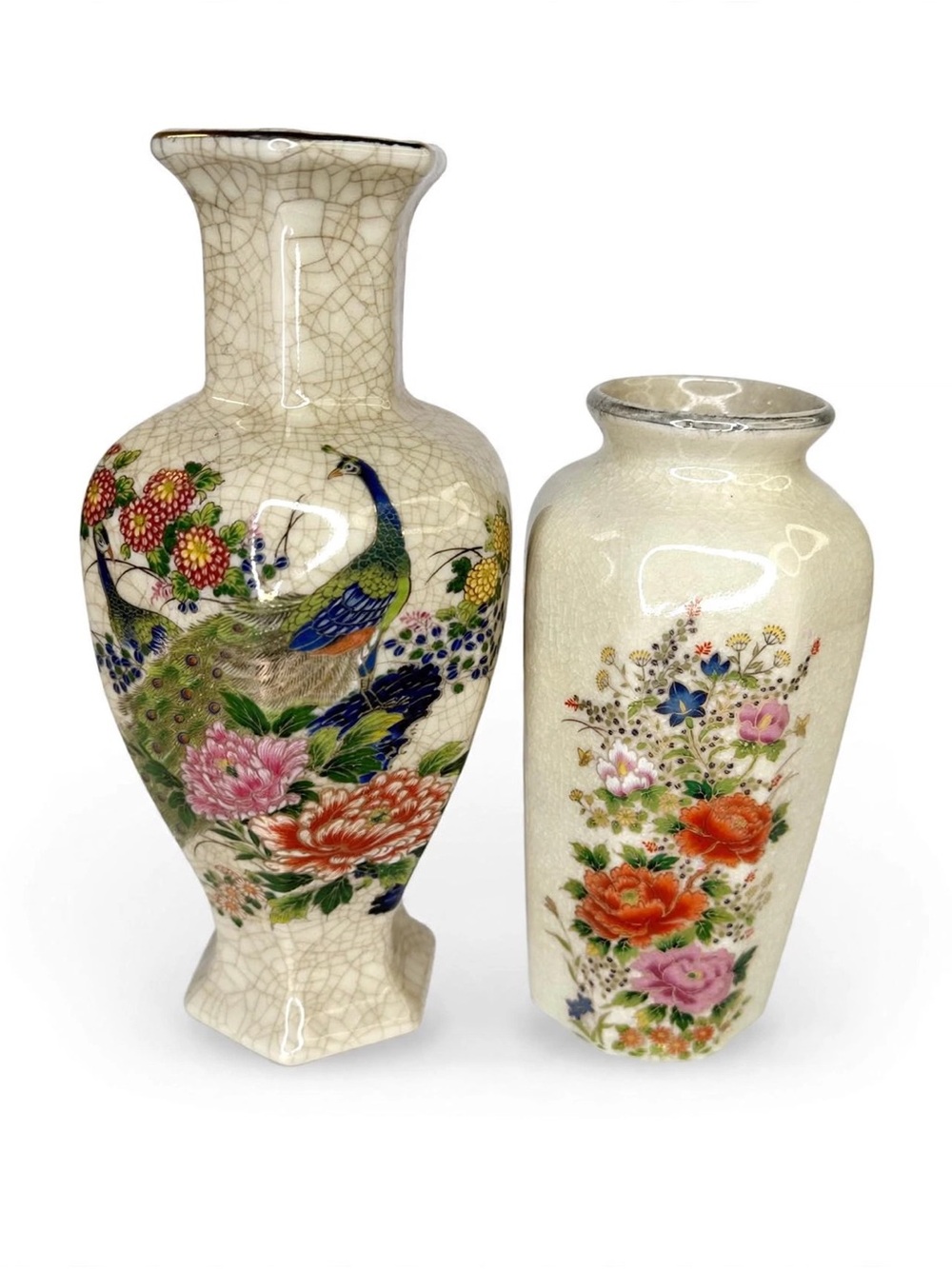 Vintage Japanese Vases Set of 2 Peacock Floral Crackle Glaze Porcelain 6.25” 7”